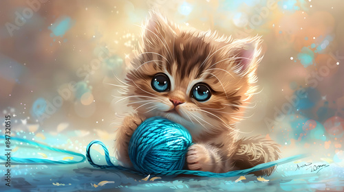 a white kitten with blue eyes and a pink nose holds a blue ball of yarn in its mouth, while its white whisker and ear are visible in the foreground