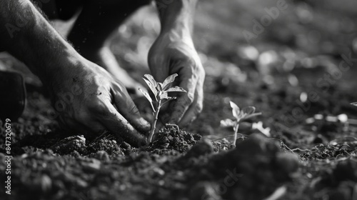 A person planting a plant in a garden or outdoor setting, with a focus on the action of planting