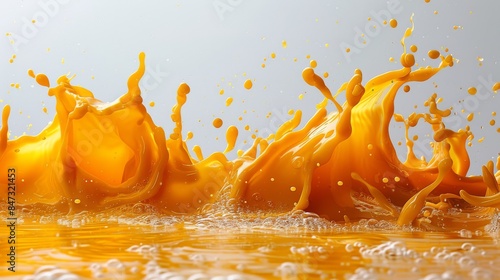 A large and expansive splash of orange liquid captured dramatically against a subdued gray background