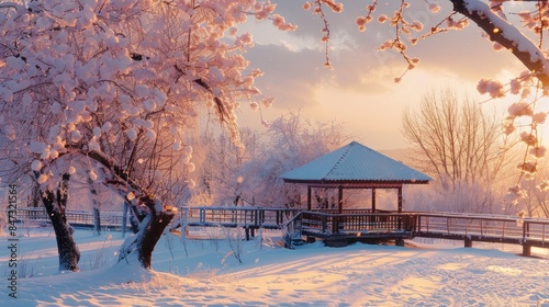 Picturesque winter scenery with blossoming trees and viewing deck in the rural area