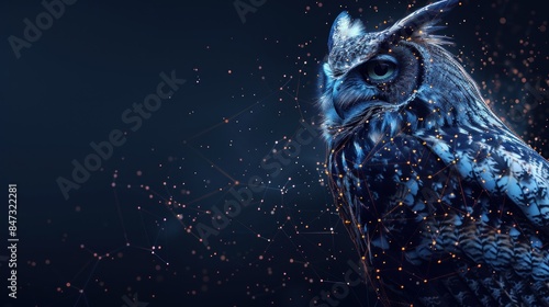 A blue owl with glowing eyes is the main focus of the image. The owl is surrounded by a dark background with a lot of glowing lights, creating a mysterious and captivating atmosphere