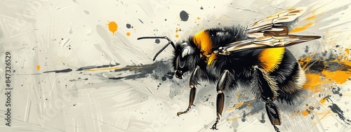 Close-up of bumblebee with dramatic orange and black paint splashes on grey background. Banner with copy space