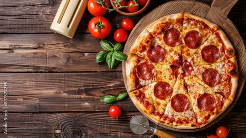 Pepperoni pizza made at home on wooden background with tomatoes bell peppers and rolling pin nearby Blank space for text