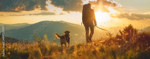 Man and dog walking in scenic mountains at sunrise, peaceful nature, adventure, and companionship.