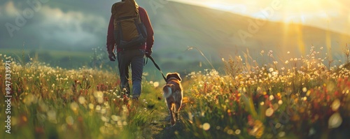 Man and dog walking in scenic mountains at sunrise, peaceful nature, adventure, and companionship.
