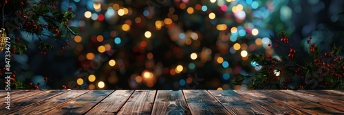 Wood Table on Blurred Christmas Tree Background, Festive Mockup, Dark Wood Table Top, Generative AI Illustration