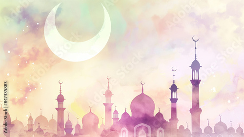 Eid Al-Adha Watercolor Charm: Stylized Illustration of a Mosque in a Landscape, Ideal for Abstract Background