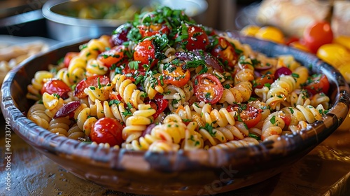 A vibrant and fresh pasta salad topped with cherry tomatoes and herbs, served on a wooden plate