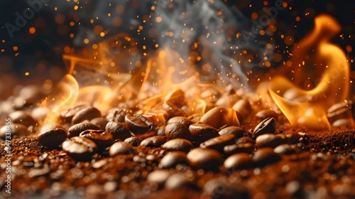 A pile of coffee beans with a lot of smoke and fire