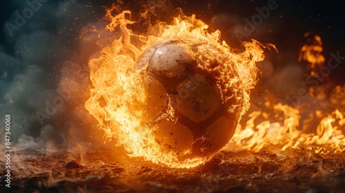 An intensely vivid image showcasing a soccer ball completely engulfed in flames against a nighttime backdrop