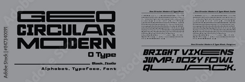 GEO CIRCULAR MODERN O TYPE SANS SERIF FONT ALPHABET LOGO REGULAR, OBLIQUE-ITALIC, geometric design and unique characters. An expanded typeface with bold, square contemporary design, for headlines.