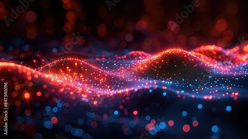 Abstract red and blue glowing particles wave on black background