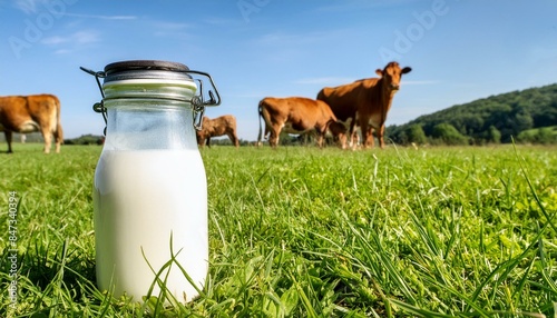 A grassy farm field pasture with a jar of milk and jersey dairy cows outside. Sustainable, homesteading, green living concept.