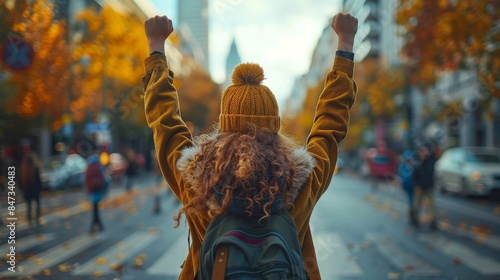 Back view of a joyous person with arms raised, celebrating in a city in autumn