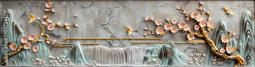 colorful Volumetric stucco molding on a concrete wall with golden elements, Japanese landscape, waterfall, mountains, sakura