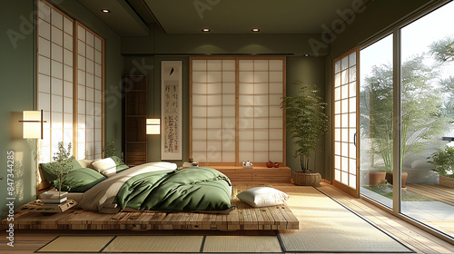 clean japanese zen bedroom with muted green and beige colors