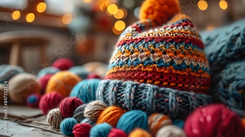 A colorful knit hat with a pom pom on top sits on a table with a bunch of yarn