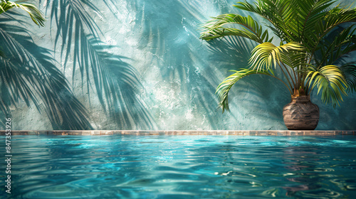 Tranquil tropical pool with palm shadows 