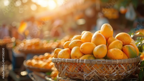 A basket filled with ripe, yellow mangos at a local outdoor market with a warm, golden sunset in the background. Fresh and tropical delights.