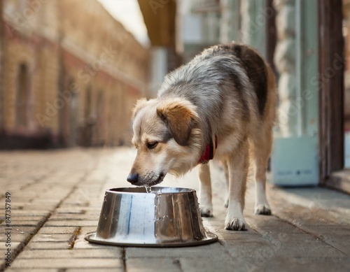 Pies pijący wodę z miski w upał w mieście