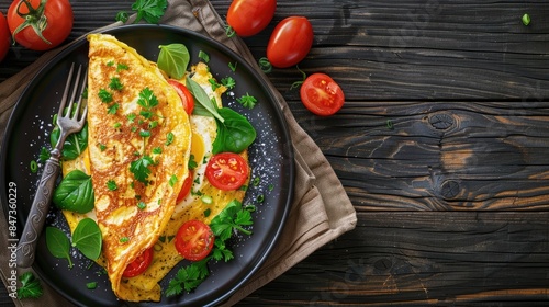 Omelette served on a dark wooden background