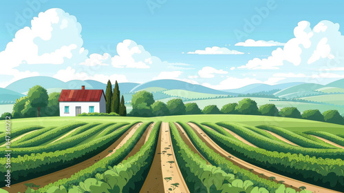 Illustrated farm with vast green fields, a small house, and rolling hills under a clear blue sky, depicting rural life.