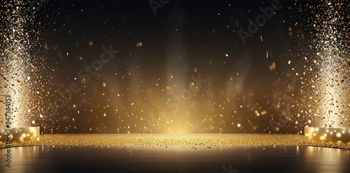 golden confetti rain on festive stage with beam of light in the middle, mockup with copy space for award ceremony, jubilee, new year party