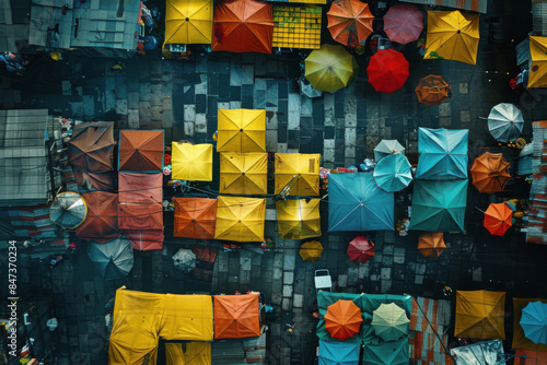 Colorful Umbrellas Above Market Stalls