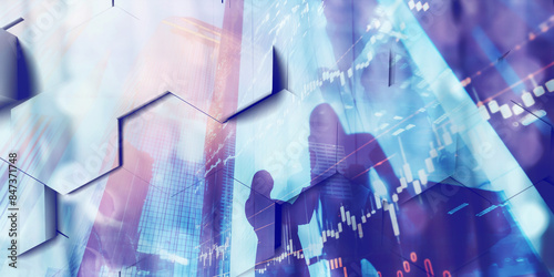 Abstract image of businesspeople in an urban setting, combined with financial charts and hexagonal glass patterns, representing modern finance. 