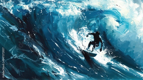 Dynamic illustration of a surfer riding a massive wave, showcasing the thrill and adventure of ocean sports and the power of nature.