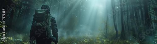 A lone hiker with a backpack ventures through a misty forest, bathed in ethereal sunlight filtering through tall trees.