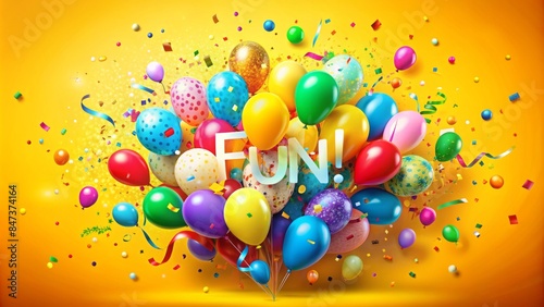 Vibrant colorful balloons and confetti explosion on a bright yellow background with editable fun text overlay.