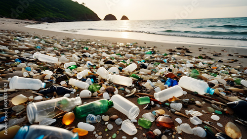 A beach littered with plastic waste, including bottles, bags, and other debris. The shoreline is heavily polluted, with some plastics partially buried in the sand and others floating in the water, sho