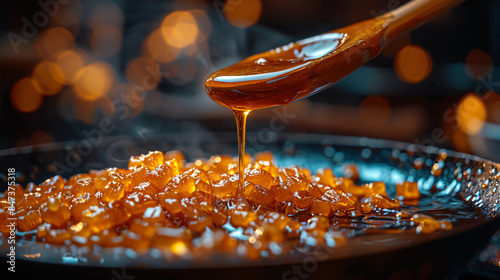 Wooden spoon dripping caramel sauce into a pan