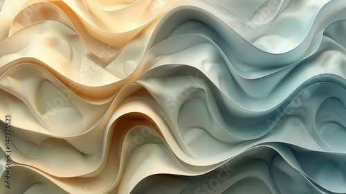 Abstract background of swirling, undulating shapes in blue, white and beige.