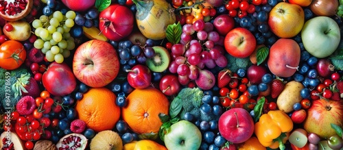Colorful assortment of fresh and ripe fruits and veggies.