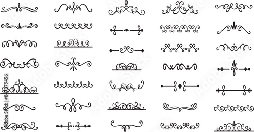 Line dividers. Decorative swirl text separators, vintage divider. Victorian flourishes line calligraphic swirly filigree decoration editable stroke vector set