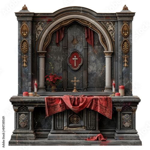 Ornate church altar with candles and religious decorations, draped with red cloth and featuring intricate architectural details.