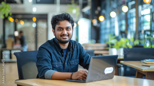 portrait of an Indian software engineer or web developer working on laptop in modern office looking at camera, tech worker