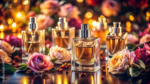 A collection of perfume bottles are displayed on a table with flowers