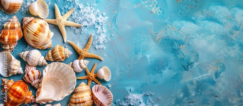 Tropical seashells collection on a blue beach background with space for text.