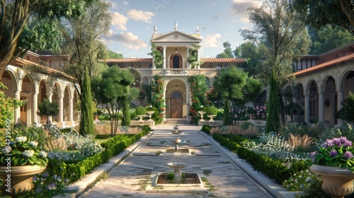 A large courtyard with a fountain in the middle and a lot of greenery