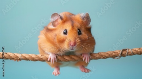 Hamster balancing on a cardboard tightrope, with a determined look