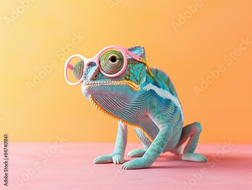 Colorful chameleon lizard in stylish pink glasses posing on matching pink background, trendy and vibrant fashion accessory concept for beauty and art enthusiasts