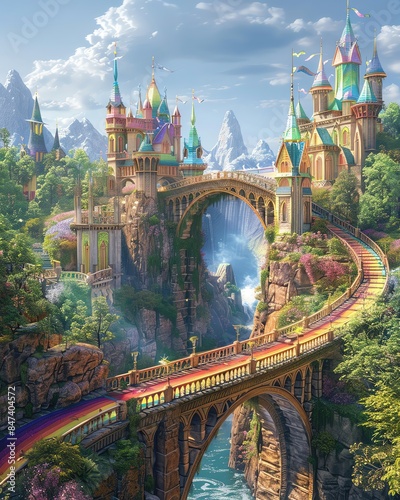 A rainbow bridge leads to a majestic castle surrounded by mountains and waterfalls