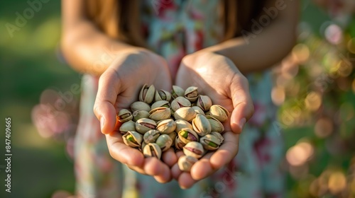 Girl's hands holding a handful of pistachios