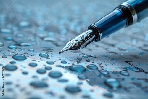 Elegant close-up of a sophisticated fountain pen with metallic nib placed on a water-dropped surface creating an artistic and refined look