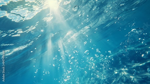 Underwater view with sunlight streaming through water and air bubbles.