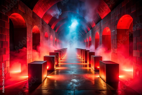 Futuristic Glowing Red Brick Hallway With Blue Light