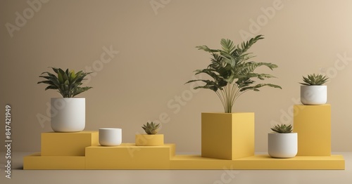 A minimalist arrangement of potted plants on yellow geometric pedestals set against a beige background. Various plants in white pots create a balanced, modern aesthetic.